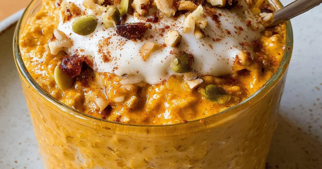Pumpkin oats with Greek yogurt, chopped pecans, and maple syrup in a glass bowl