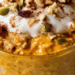 Pumpkin oats with Greek yogurt, chopped pecans, and maple syrup in a glass bowl