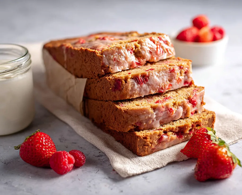 Glazed strawberry bread slices stacked on parchment paper with strawberries and raspberries beside.