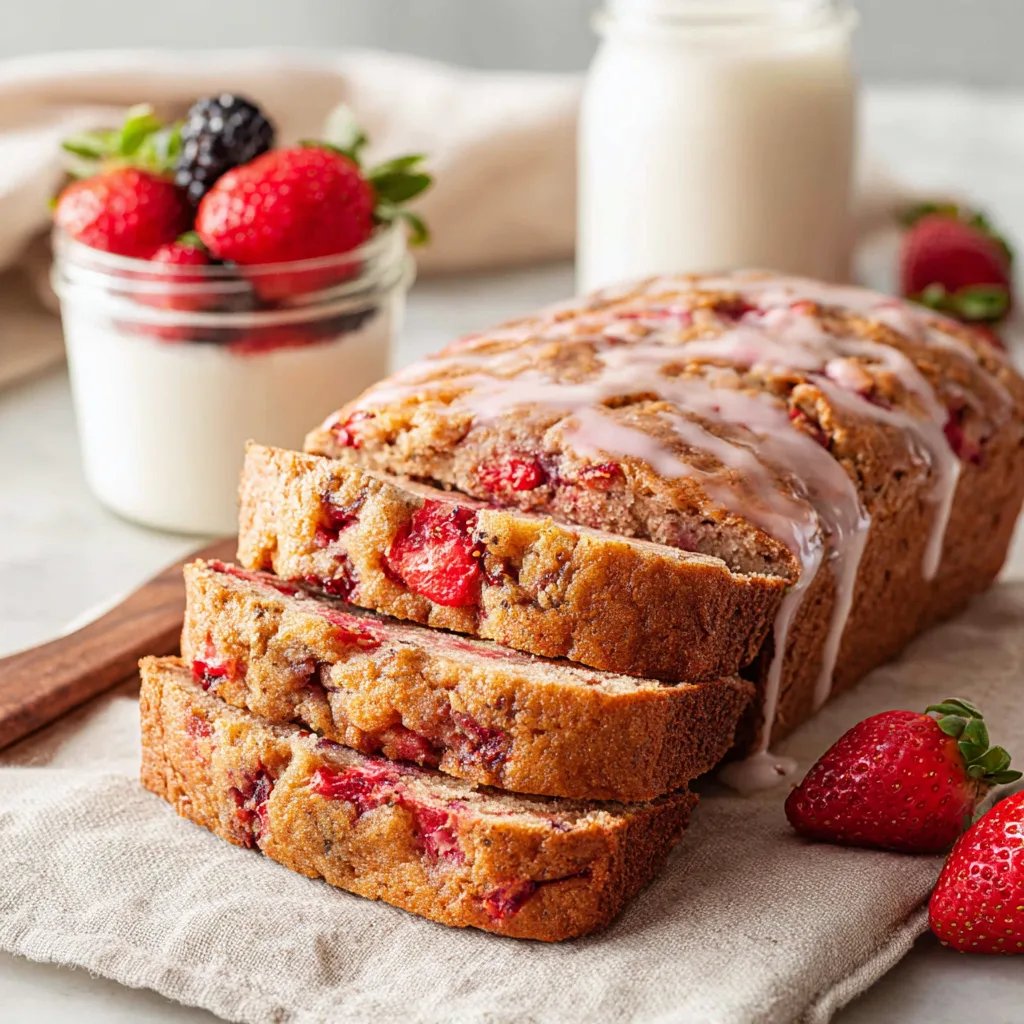 Sliced strawberry bread with pink glaze next to a jar of yogurt and fresh berries