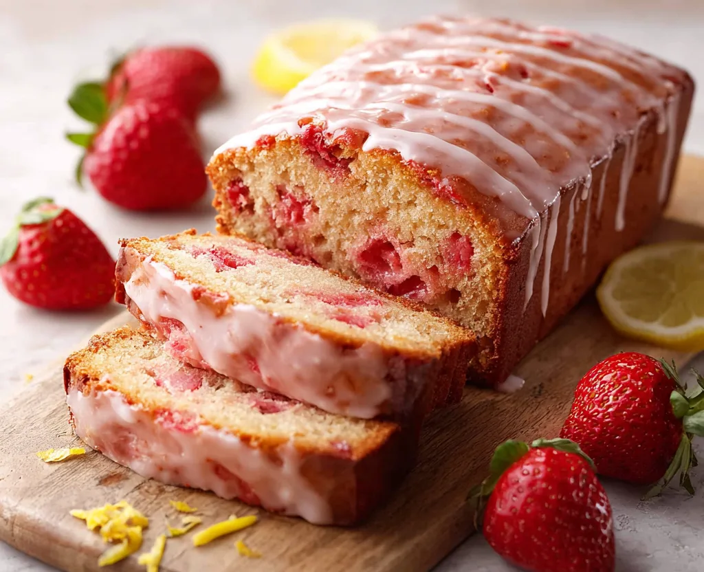 Glazed strawberry bread sliced on cutting board with lemon zest and strawberries around