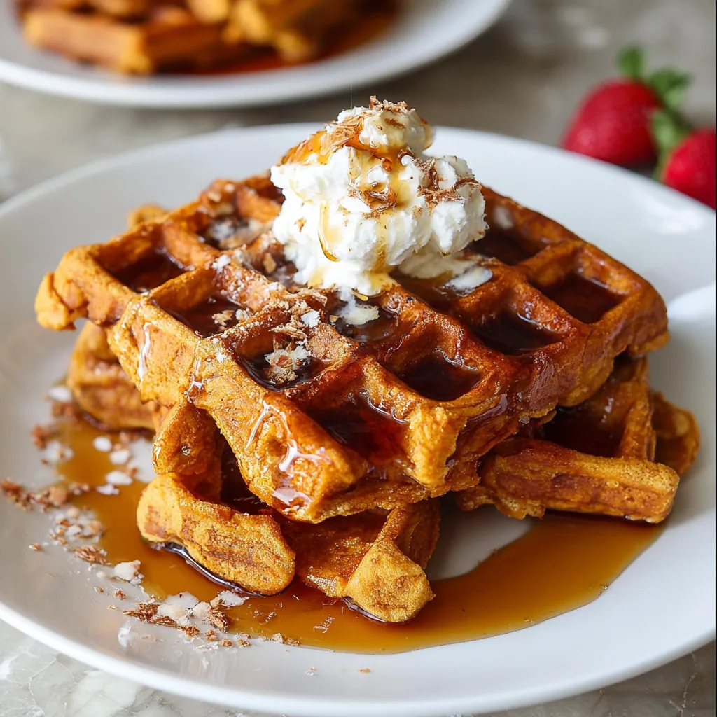 Crispy sweet potato waffles with crushed nuts and raspberries
