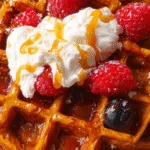 Gluten-free sweet potato waffles topped with whipped cream and raspberries