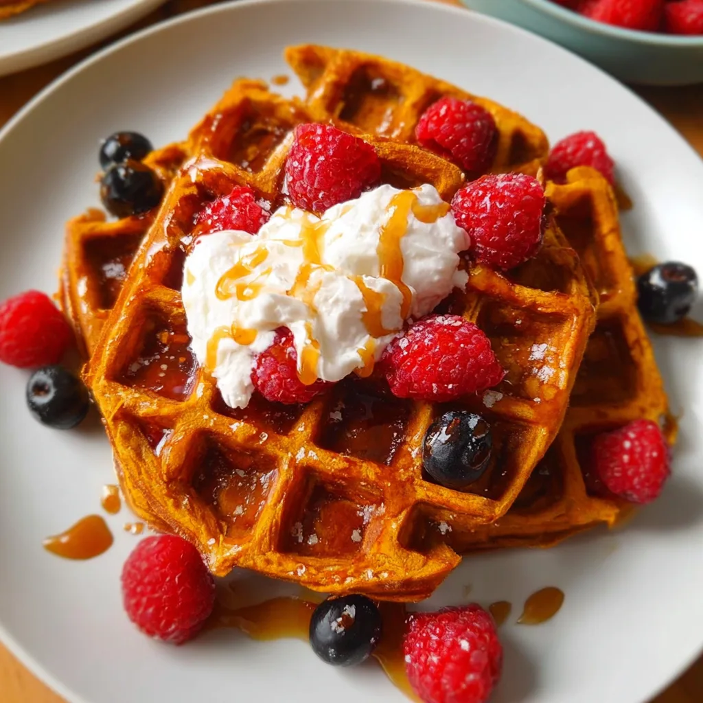 Gluten-free sweet potato waffles topped with whipped cream and raspberries