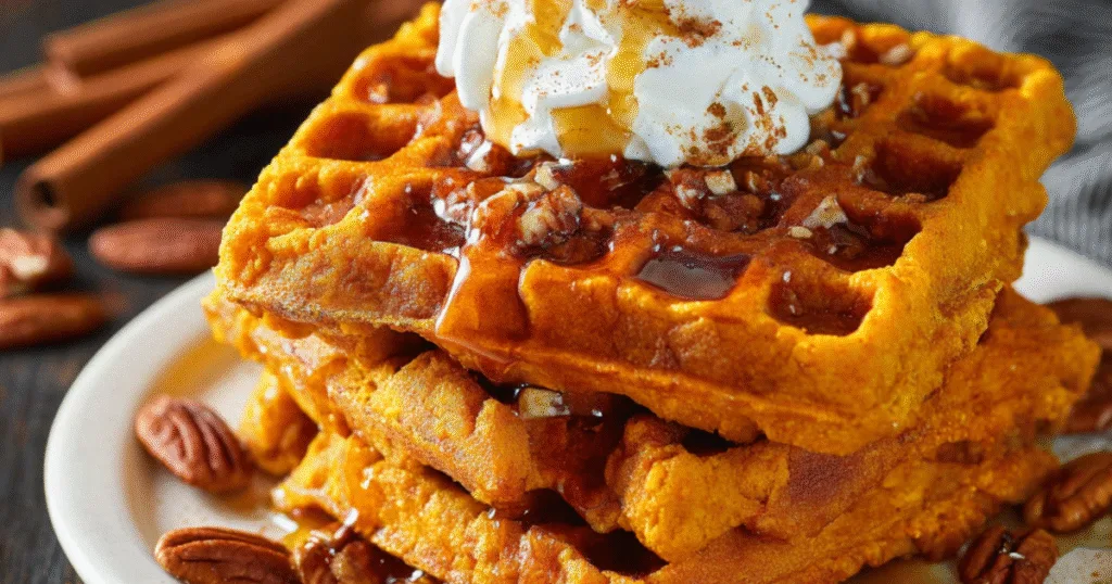 Ultra-detailed pumpkin waffles topped with syrup and whipped cream