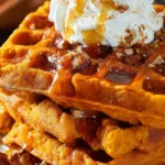 Ultra-detailed pumpkin waffles topped with syrup and whipped cream