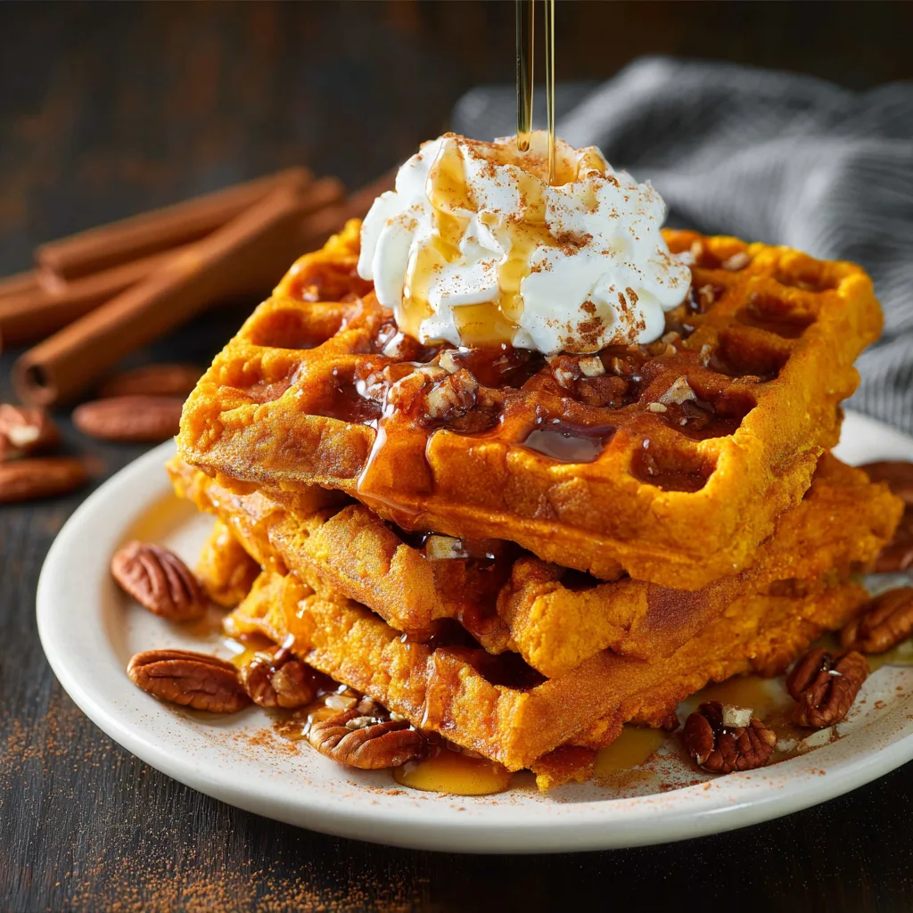 Ultra-detailed pumpkin waffles topped with syrup and whipped cream