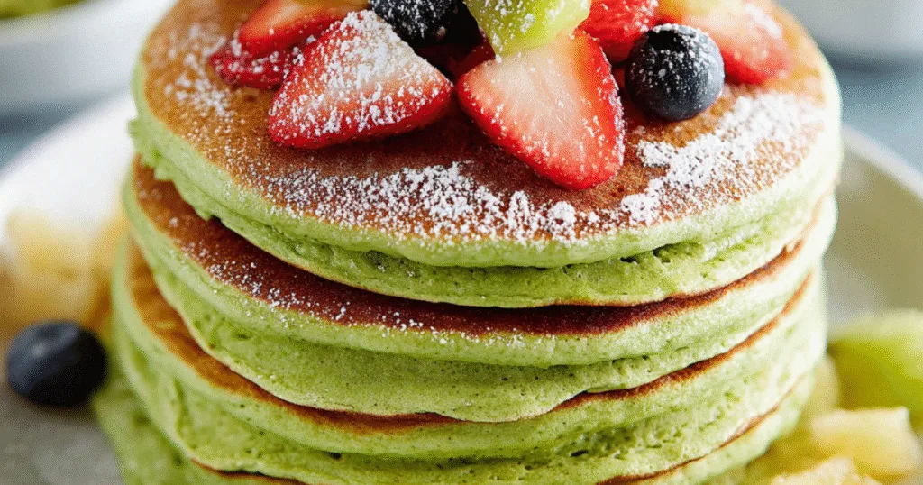 Vegan matcha pancakes with strawberries, kiwi, and blueberries