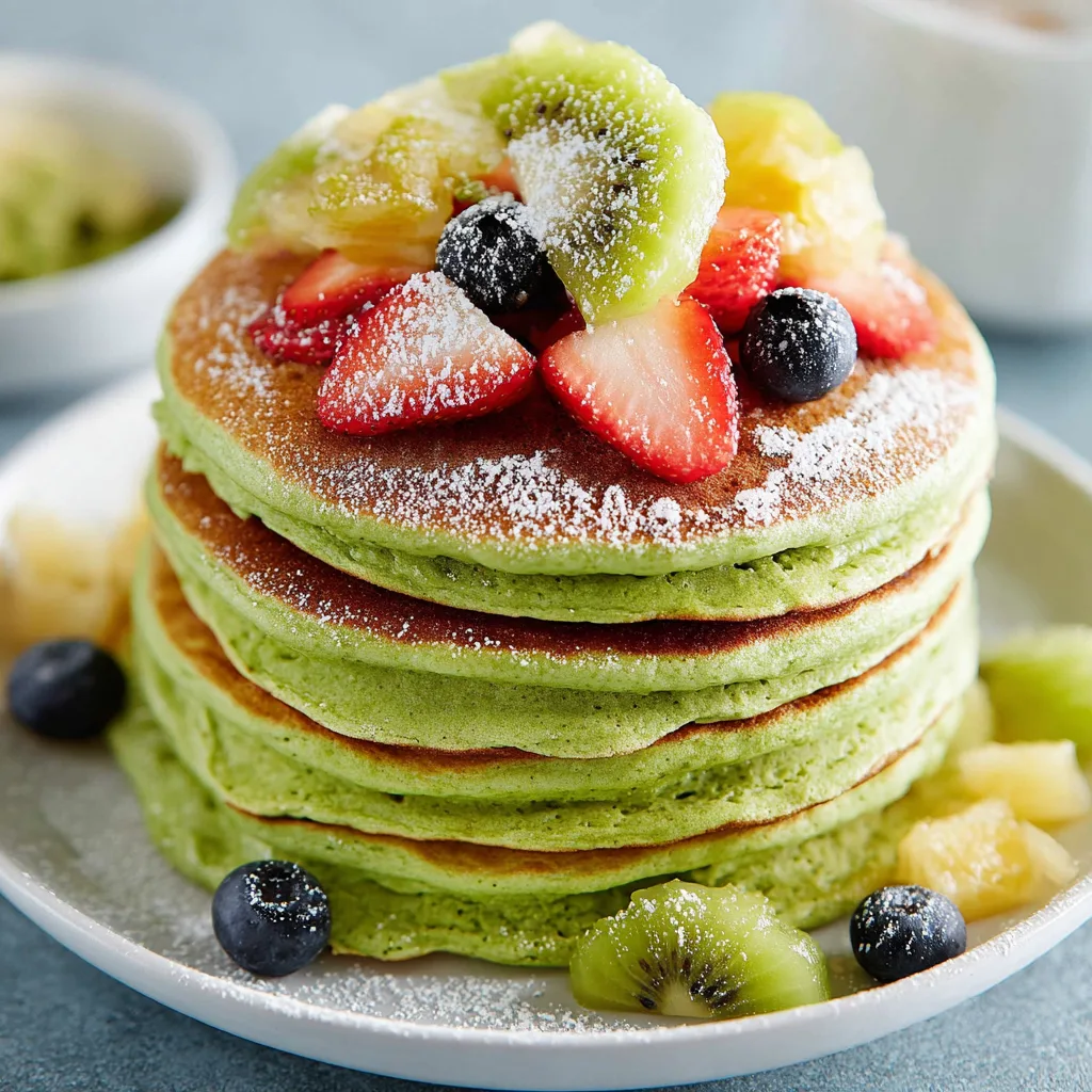 Text: Vegan matcha pancakes with strawberries, kiwi, and blueberries
