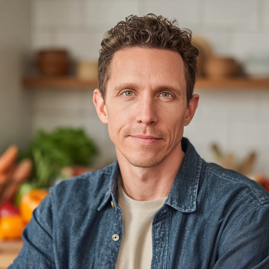 Portrait of Casey Monroe, founder of Viva Lyze and healthy comfort food creator, in a home kitchen setting.