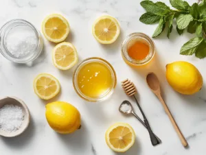 Gelatin trick ingredients on kitchen counter including gelatin powder lemon and honey