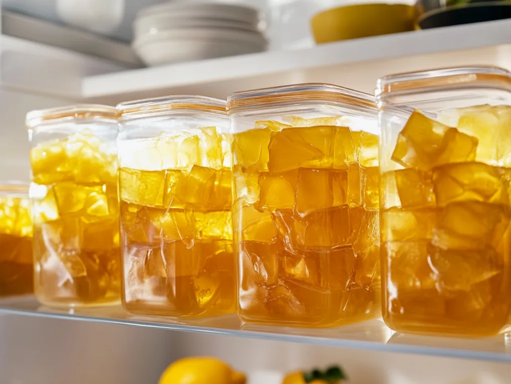 Gelatin trick cubes stored in glass containers for weekly meal prep