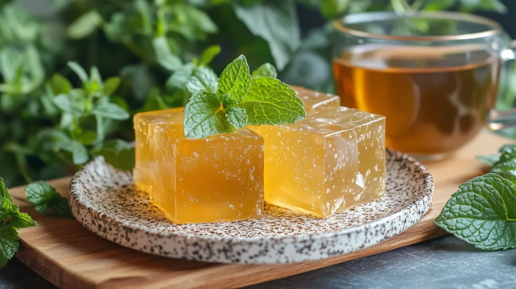 Gelatin trick cubes with mint on plate and herbal tea for weight loss recipe