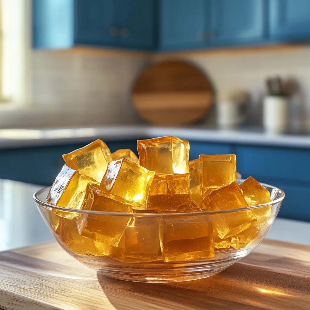 Glass bowl of gelatin trick cubes in modern kitchen for appetite control