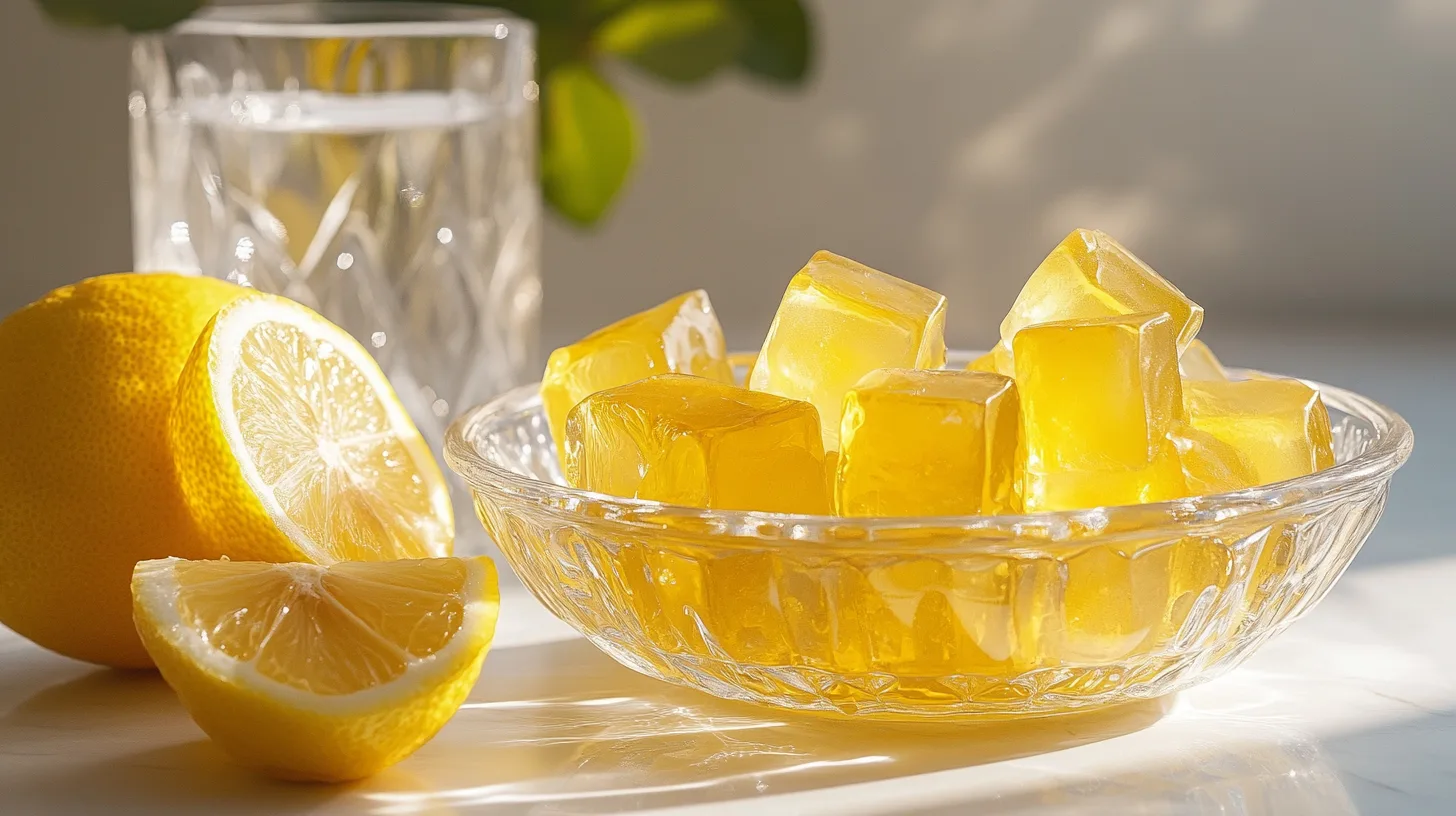 Golden gelatin trick cubes in glass bowl with fresh lemons for weight loss