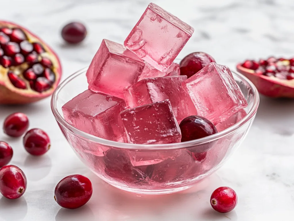 Pink gelatin trick variation made with cranberry juice in glass bowl