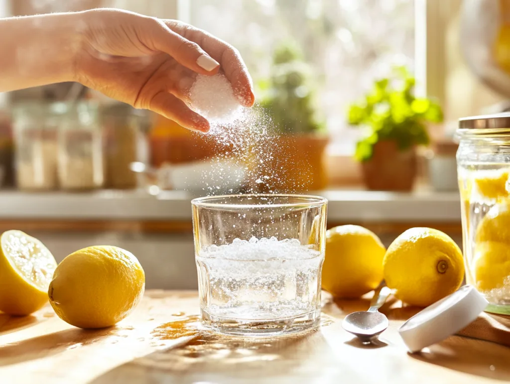 Hands preparing gelatin trick by sprinkling powder into hot water